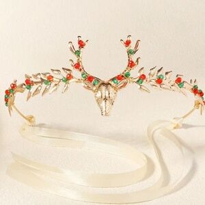 NWT Gold Tone Christmas Holiday Reindeer Crown / Tiara with Red and Green Beads!